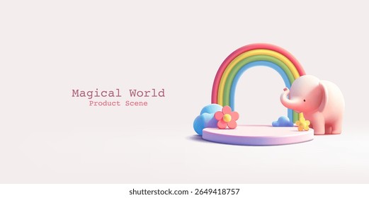 3D baby elephant, rainbow, empty podium, flowers, cloud. Magical scene for advertising and promotion of children's goods. Modern banner. Vector illustration.