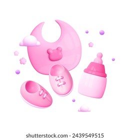 3d baby girl icons. Pink bottle, baby shoes and bib isolated. Cute set kid objects. Cartoon vector illustration