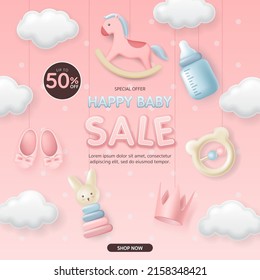 3d Baby and kid clothes and toy sale discount on blue background for the online post banner template, sales promotion, clearance store, social media, shop, poster, fair and expo. Vector illustration