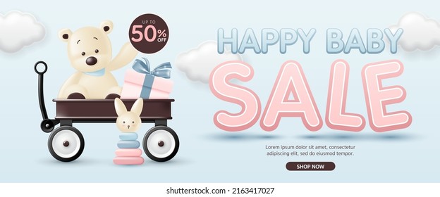 3d Baby and kid clothes and toy sale discount banner with cute bear, toy and gift box in toy wagon for the online post template, sales promotion, clearance store, social media, kid shop. vector