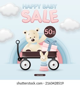 3d Baby and kid clothes and toy sale discount banner with cute bear, toy and gift box in toy wagon for the online post template, sales promotion, clearance store, social media, kid shop. vector