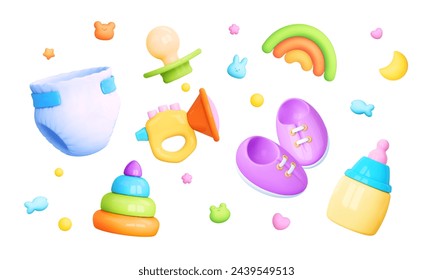 3d baby, kids toy and object icons. Bottle, pacifier, rattle, diaper, pyramid isolated. Cartoon vector illustration for kid shop, game, childish template and shower