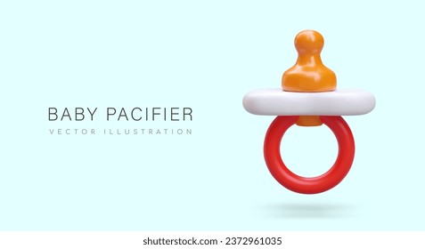 3d baby plastic pacifier in yellow and red colors. Advertising poster for store selling products for small kids. Vector illustration with place for text