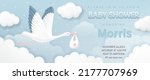 3d Baby shower banner invitation card with stork carrying a cute baby in a bag on blue sky background for greeting cards, children