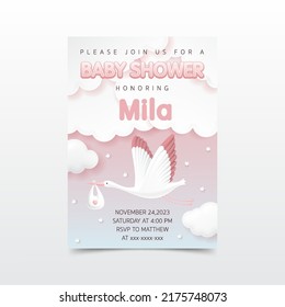 3d Baby shower banner invitation card with stork carrying a cute baby in a bag on pink sky background for greeting cards, children's album, invite birthday party, kid poster, It's a girl. vector