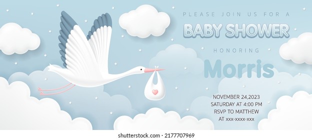 3d Baby shower banner invitation card with stork carrying a cute baby in a bag on blue sky background for greeting cards, children's album, invite birthday party, kid poster, It's a boy. vector