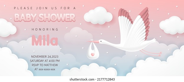 3d Baby shower banner invitation card with stork carrying a cute baby in a bag in pink sky background for greeting card, children album, birthday party for a girl, poster, greeting card, It's a girl
