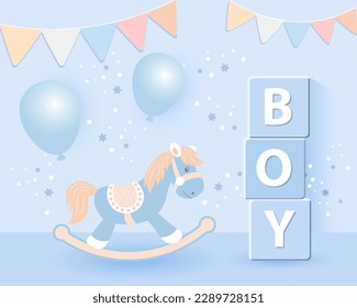 3D baby shower for boys. Children's toys, rocking horse and balloons in pastel colors on a starry background. Game room background, vector