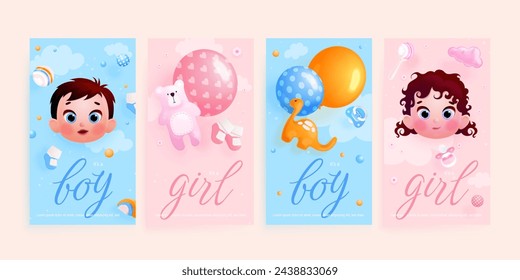 Tarjetas de baby shower 3d. Seiner anuncio de nacimiento recién nacido o celebración de cumpleaños de bebés diseño de tarjeta de invitación, niña niño nacido niños linda postal, ilustración vectorial exacta de la tarjeta de nacimiento