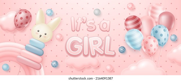 3d baby shower with cute rabbit wooden toy, balloons, balls and rainbow in the sky for banner, invitation greeting party card, social media, kid birthday and wallpaper. It's a girl.