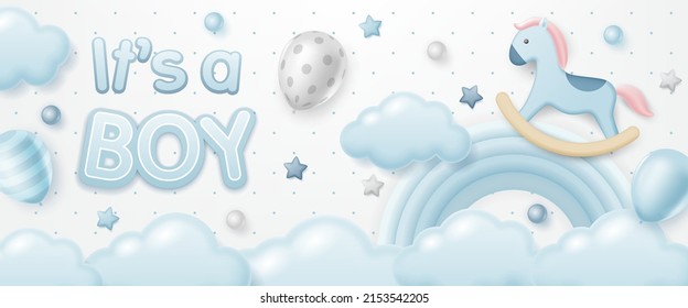 3d baby shower with cute rocking horse wooden toy, balloon, ball and rainbow in the sky for banner, invitation greeting party card, social media, kid birthday and wallpaper. It's a boy.
