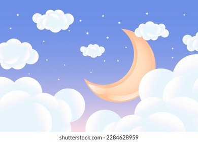 3d baby shower, growing moon with clouds on a soft blue background, childish design in pastel colors. Background, illustration, vector.