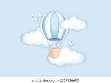 3d baby shower, hot air balloon with clouds for kids design in pastel colors. Cute vector illustration in realistic style.