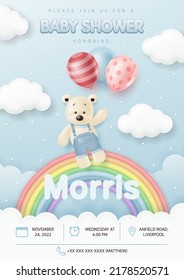 3d Baby shower invitation greeting card. Cute bear with balloon over the rainbow on the blue sky background, baby and kids birthday party, poster. It’s a boy