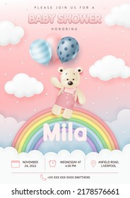 3d Baby shower invitation greeting card. Cute bear with balloons over the rainbow on the pink sky background, baby and kids birthday party, poster, greeting card. It’s a girl