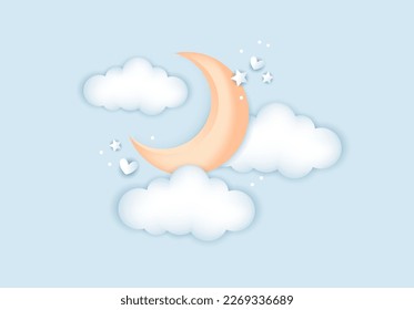 3d baby shower, moon with clouds for kids design in pastel colors. Cute vector illustration in realistic style.