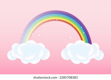 3d baby shower, rainbow with clouds and stars on a pink background, childish design in pastel colors. Background, illustration, vector.