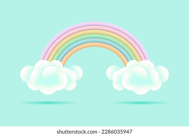 ducha de bebé 3d, arco iris con nubes y estrellas en un fondo verde pálido, diseño infantil en colores pastel. Fondo, ilustración, vector.