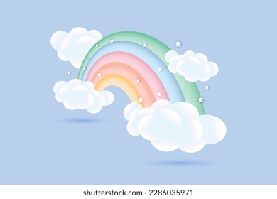 3d baby shower, rainbow with clouds and stars on a pale blue background, childish design in pastel colors. Background, illustration, vector.	