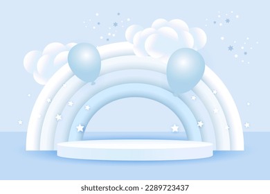 3d baby shower, rainbow with clouds, balloons and stars on a pale blue background, childish design in pastel colors. Background, illustration, vector.