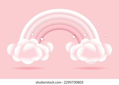3d baby shower, rainbow with clouds and stars on a pink background, childish design in pastel colors. Background, illustration, vector