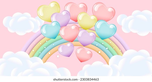 3d baby shower, rainbow with clouds and balloons on the starry sky, children's design in pastel colors. Background, illustration, vector.