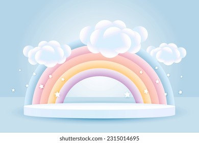 3d baby shower, rainbow with clouds and a podium on a pale blue background with stars, childish design in pastel colors. Festive background, vector