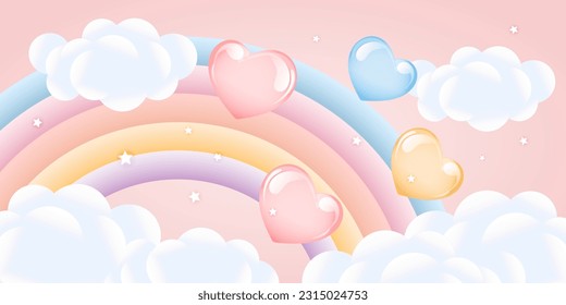 3D Babydusche, Regenbogen mit Wolken und Ballons am Sternenhimmel, Kinderdesign in Pastellfarben. Hintergrund, Abbildung, Vektorgrafik.