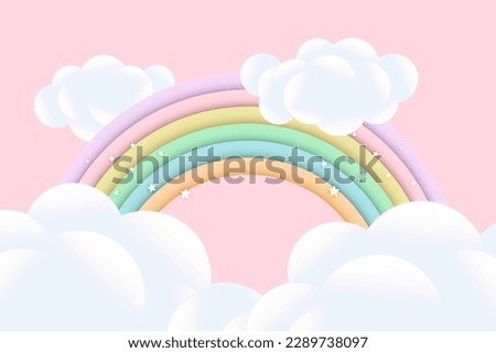 3d baby shower, rainbow with clouds and stars on a pink background, childish design in pastel colors. Background, illustration, vector.