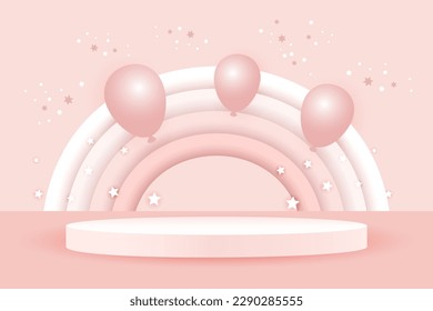 3d baby shower, rainbow and podium with balloons and stars on a pale pink background, childish design in pastel colors. Background, illustration, vector.