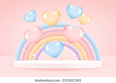 ducha de bebé 3d, arco iris y podio con globos y estrellas en un fondo rosa pálido, diseño infantil en colores pastel. Fondo, ilustración de fondo, vector