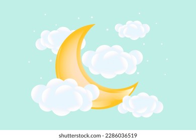 	
3d baby shower, waxing moon with clouds on a soft green background, childish design in pastel colors. Background, illustration, vector.