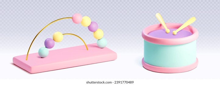 3d juguete bebé lindo conjunto de objetos con la ilustración del icono del vector del tambor. juego infantil aislado con bolas pequeñas para el elemento playground. Gráfica de juego realista para el entretenimiento preescolar. Paquete de cliparte rosa