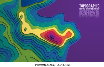 3D bacground .Paper art carving background. Paper cut shapes. Kids background design . 3d Terrain top wiev . Topografic map 3d landscape color background. Vector Illustration