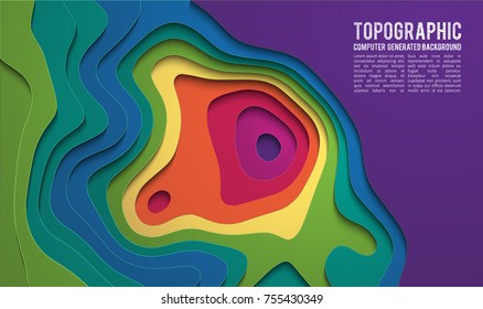 3D bacground .Paper art carving background. Paper cut shapes. Kids background design . 3d Terrain top wiev . Topografic map 3d landscape color background. Vector Illustration