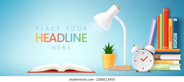 3D Back to school banner with school supplies for student, Creative workspace of a children's desk with study supplies, desk lamp, clocks and books for kid poster, kids cover, background, advertising