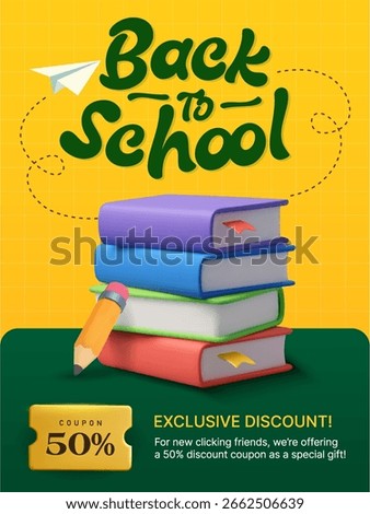 3d Back to school banner template with stack of books and pencil, coupon or voucher with 50% off, isolated on white background. Stationary sale off banner in 3d vector illustration
