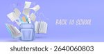 3d back to school composition with open blue backpack, floating notebooks, papers and stationery on pastel background. Math formulas scattered around supplies in education scene for student promotion