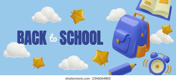 3D Back to School Horizontal Banner or Background with blue toy plastic three dimensional backpack, alarm clock, pen, book, cartoon clouds and golden leaves flying in the sky.