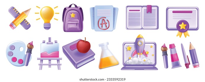 3D back to school icon set, vector education graduate object kit, student backpack study book. College diploma, online dictionary, laptop rocket, science vial, art palette brush. Knowledge school icon