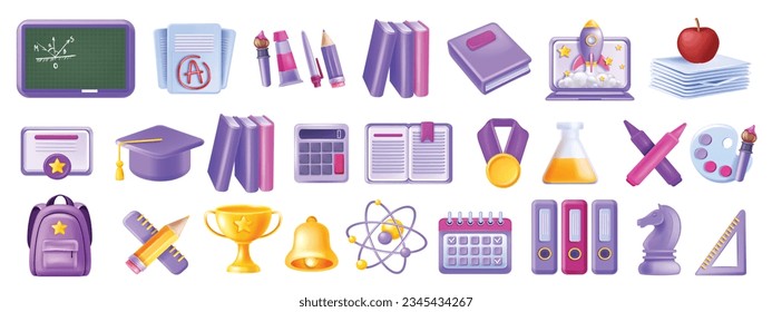 Juego de iconos en 3D de vuelta a la escuela, kit de objetos vectoriales para graduados de educación, libro de estudio de mochila para estudiantes. Diploma universitario, pizarra, campana, cohete portátil, vial de ciencia, cepillo de paleta de arte. Icono de escuela de conocimiento