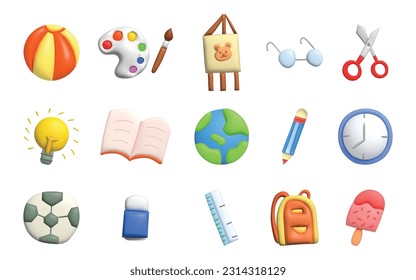 3D back to school icon vector illustration design set of Beach ball, earth, easel, eye glasses, football, ice cream, light bulb, book, paint brush, pencil, scissors. Cartoon style.