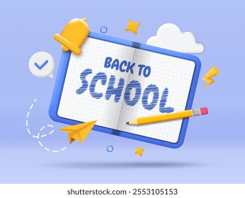 3D Back to school poster. Open book with pencil and bell. Education, learning and training. Stationery and school supply. Isometric vector illustration isolated on blue background