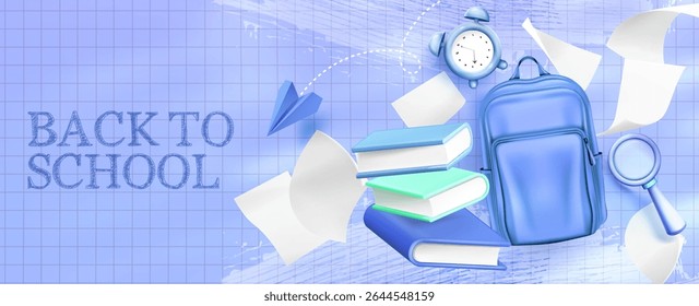 3d back to school scene with blue backpack, floating books, alarm clock, paper airplane, magnifying glass on grid background. Educational supplies for student return, modern learning concept design.