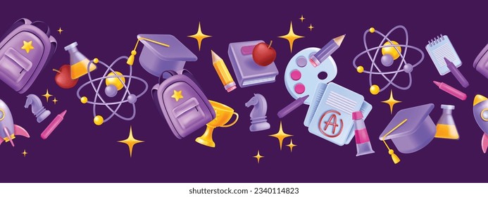 3D back to school vector seamless border, kids cartoon education banner, rocket stars, backpack. University graduate cap, creative science symbol, pencil, crayons, stars. Back to school art wallpaper