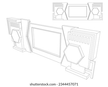 3d backdrop cover LED TV Screen digital futuristic decoration with blank space logo company for event exhibition information wall display. Vector editable isolated sketch outline drawing coloring.