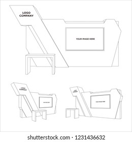 3d backdrop with led screen and table for exhibition. Vector sketch outline coloring editable.