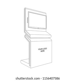 3d backdrop standing display TV led plasma witn logo for exhibition. Vector sketch outline drawing editable.