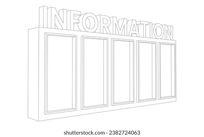 3d backdrop wall blank LED TV screen banner with big text INFORMATION totem signage colorful style decoration for event exhibition. Vector editable isolated sketch outline drawing coloring.