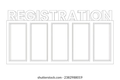 3d backdrop wall blank LED TV screen banner with big text REGISTRATION totem signage colorful style decoration for event exhibition. Vector editable isolated sketch outline drawing coloring.